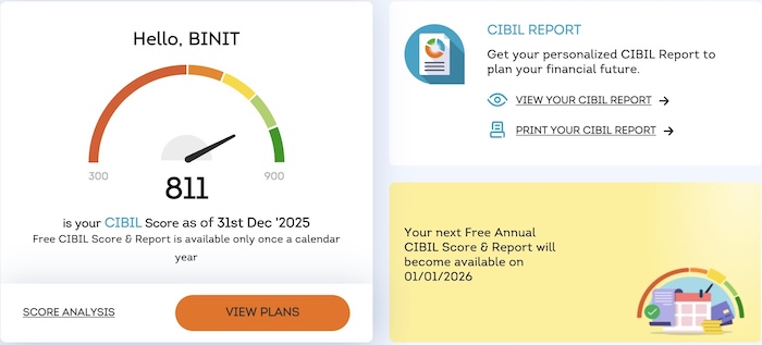 My CIBIL SCORE Is 811 on 31 Dec 2025. Credit score report