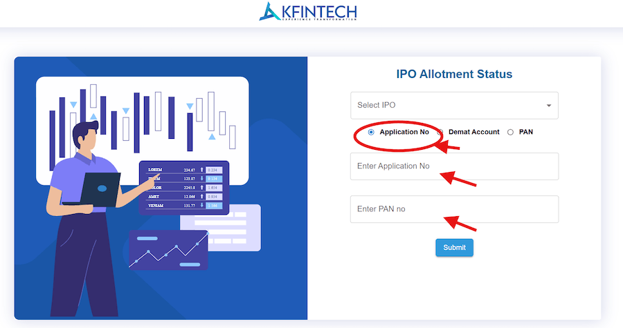Selecting and inserting application number in IPO Allotment Status on KFintech