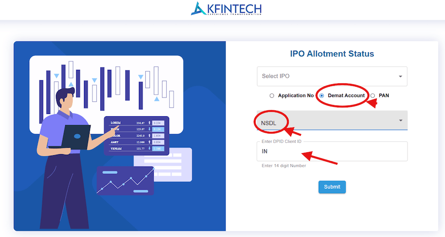 Selecting Demant account number with NSDL and entering DP ID Client ID in IPO Allotment Status on KFintech