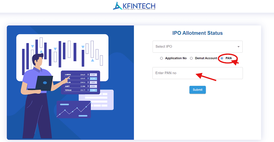 Selecting and inserting PAN number in IPO Allotment Status on KFintech