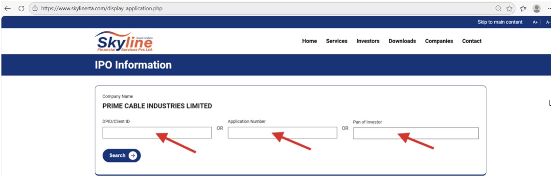 Entering DPID Client ID or Application Number or PAN in Skyline Financial Services IPO allotment Status Check